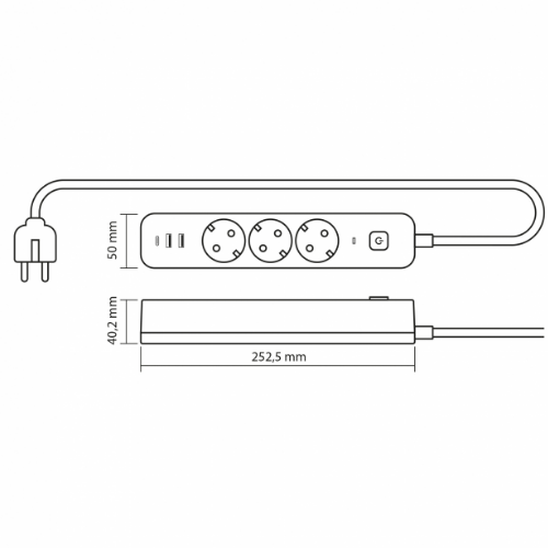 Мережевий подовжувач із заземленням 3 розетки/2USB-A/1Type-C 3м з кнопкою білий VF-PD33G2U1C-W Oncord Videx | Зображення 2