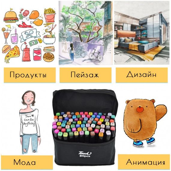 Набор двусторонних маркеров для скетчинга и рисования на спиртовой основе Touch Qiuci 80 шт | Зображення 6