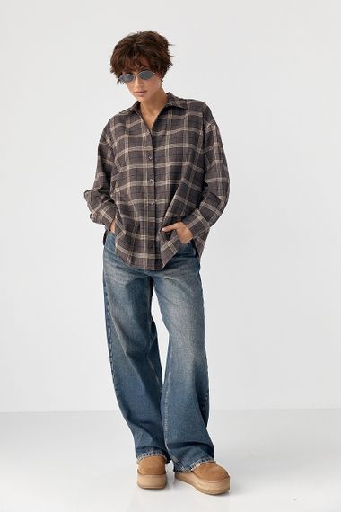 Бавовняна сорочка в клітинку з напівкруглим низом - коричневий цвет, L (є розміри) | Зображення 2