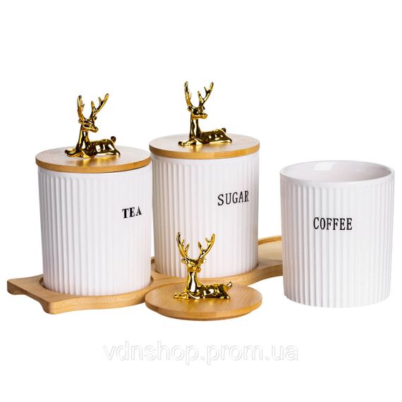 Набор фарфоровых банок для сыпучих на подставке 3 шт по 400 мл для чая кофе сахара SCT-652 | Зображення 2