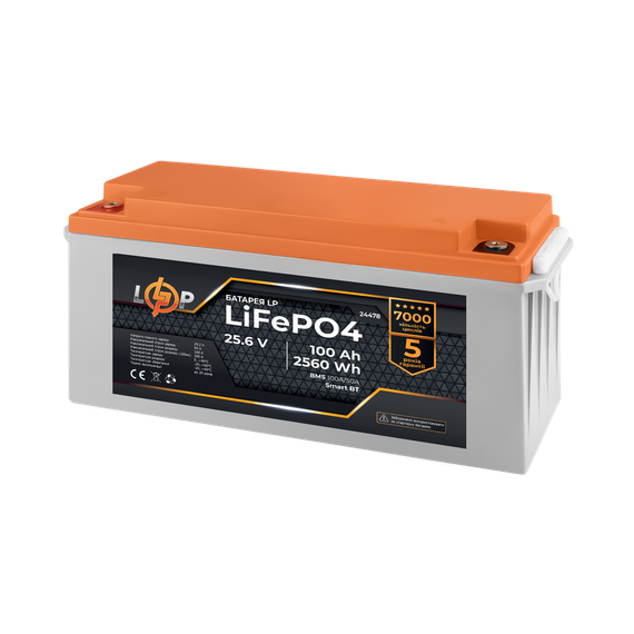 Аккумулятор LP LiFePO4 25,6V - 100 Ah (2560Wh) (BMS 100A/50А) пластик Smart BT | Зображення 1