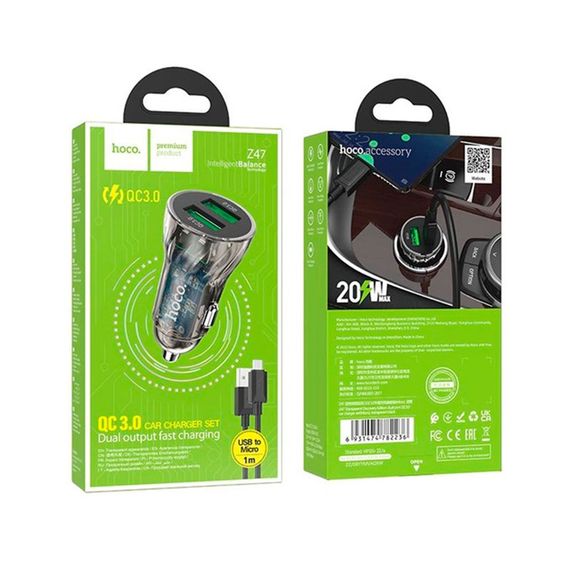 Набір АЗУ 12-24V HOCO Z47 кабель Micro, 2xUSB 3.0, 2.4A, кабель 1м, Black, Box | Зображення 2