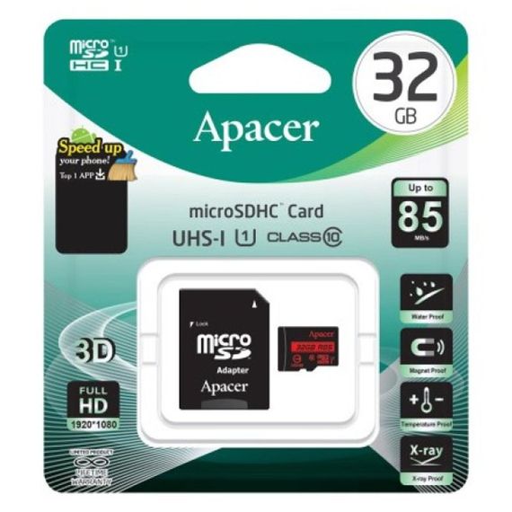 Карта памяти Apacer microSDHC (UHS-1) 32Gb class 10 V10 A1 R100MB/s + SD adapter Black | Зображення 1