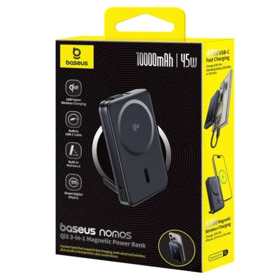 Baseus Nomos Qi2 10000 mAh 45W 2в1 PowerBank Павербанк з бездротовою швидкою зарядкою QC3.0+PD3.0 та вбудованим кабел | Зображення 1