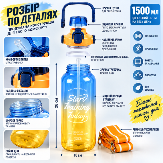 Спортивна пляшка для води START TRAINING 1500 мл синьо-жовта з трубочкою, ручкою та ремінцем | Зображення 1