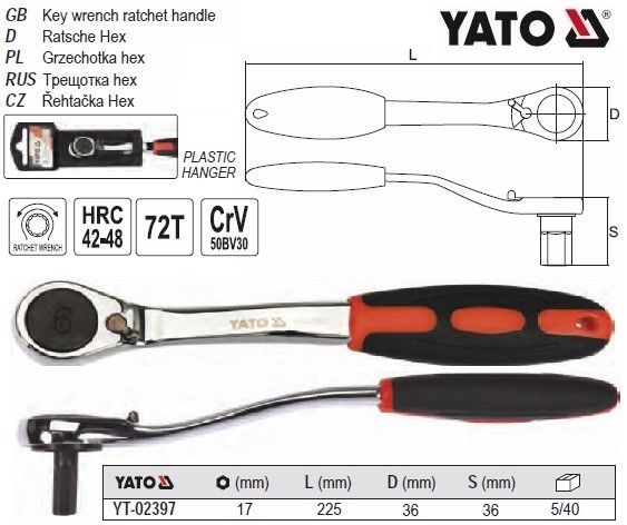 Трещотка ключ YATO Польша тріщатка шестигранна вигнута HEX17 HRC 42-48 YT-02397