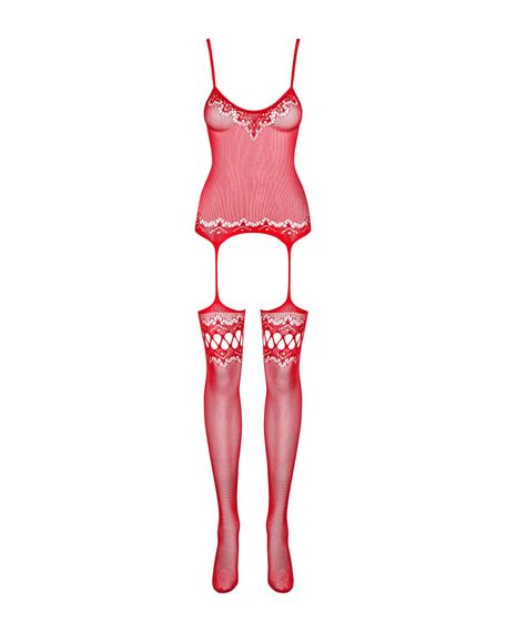 Бодістокінг Obsessive Bodystocking F214 red S/M/L, імітація корсета та панчіх на підв’язках | Зображення 4