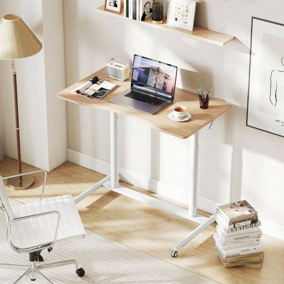Компьютерный стол Costway MoveDesk с регулировкой высоты на колесиках белый, дуб | Зображення 5