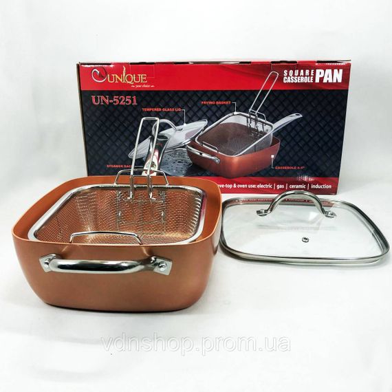 Сковорода-фритюрниця UNIQUE UN-5251 квадратна антипригарна з пароваркою та каструлею + скляна кришка 24 см UP-84 | Зображення 4
