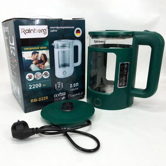 Електрочайник Rainberg RB-2220 скляний дисковий прозорий. Чайник із підсвічуванням 2200W. EO-789 Колір: зелений