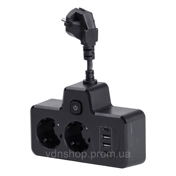 Мережевий фільтр на 2 євро розетки з 2 USB та 2 Type-C чорний HP-5-18 | Зображення 1