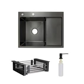 Комплект Lidz Handmade H6350BR Мийка для кухні інтегрована крило праворуч BlackPVD у комплекті з дозатором + Lidz K01B Кошик