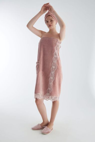 Набор женский Nusa 030-7 для сауны с кружевом, пудровый | Зображення 1