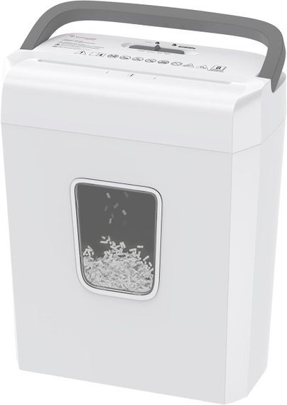 Шредер для паперу Bonsaii на 8 аркушів із рівнем безпеки P-4, перехресне різання 5×14 мм, скріпок, карток бак 13 л, білий