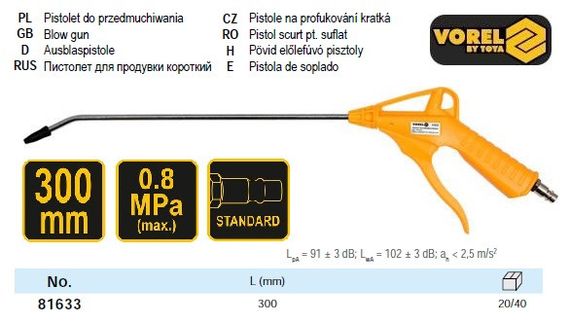 Пістолет пневматичний продувальний з соплом l=300 мм, Ø=1/4", для тиску - 0.8 MPa VOREL-81633