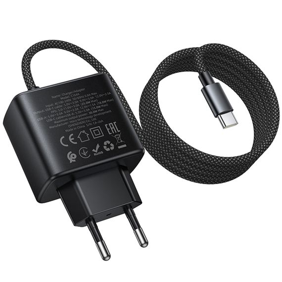 МЗП Hoco C164A New PD30W+QC3.0 (1USB-A/1C) + встроенный кабель Type-C Black | Зображення 2