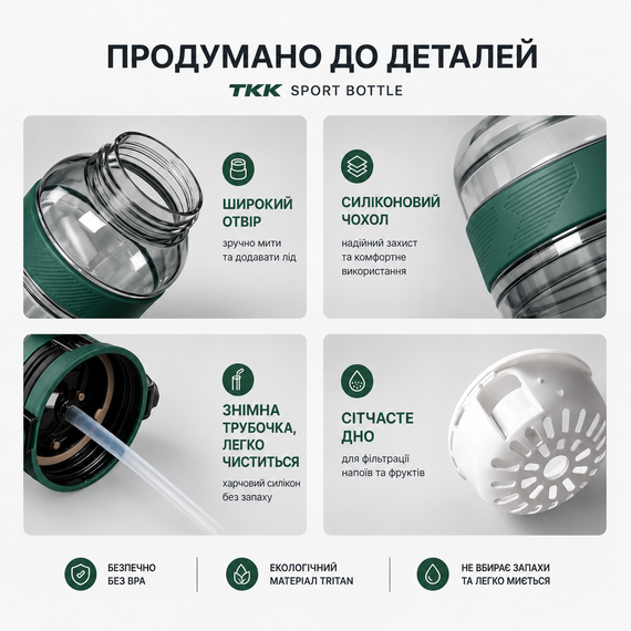 Спортивная бутылка TKK (2000 мл) - Полупрозрачный зеленый Tritan BPA-free, с мощной ручкой и кнопкой-фиксатором | Зображення 1