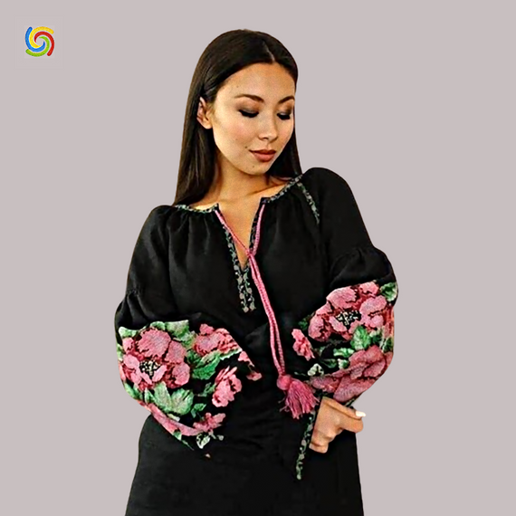 Рубашка Украинская вышиванка  32079 цвет чёрный размер L/XL