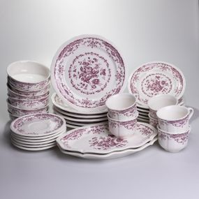 Столовый набор посуды тарелок и чашек 32 предмета на 6 персон "Бордовый Меандр" фарфоровый YY78-3A
