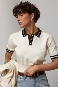 В'язане коротке поло з контрастним комірцем - кремовий цвет, ONE SIZE (є розміри)