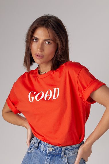 Трикотажна футболка з написом Good vibes - червоний цвет, L (є розміри) | Зображення 3