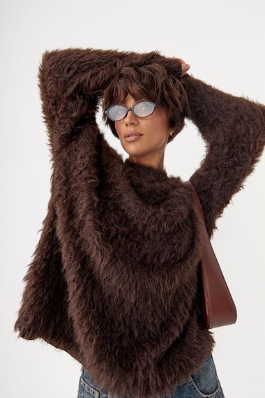 Тепла вільна кофта зі штучного хутра - темно-коричневий цвет, ONE SIZE (є розміри) | Зображення 4