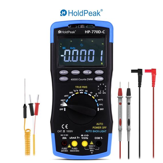 Мультиметр HoldPeak HP-770D-C професійний цифровий (TrueRMS 40000 відліків 1000В 20А AC/DC 40МОм 100мФ 1000°C 10МГц NCV)