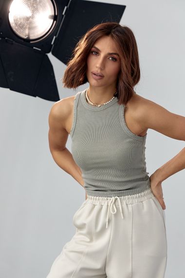 Женская майка в рубчик с рваным декором - хаки цвет, XS (есть размеры)