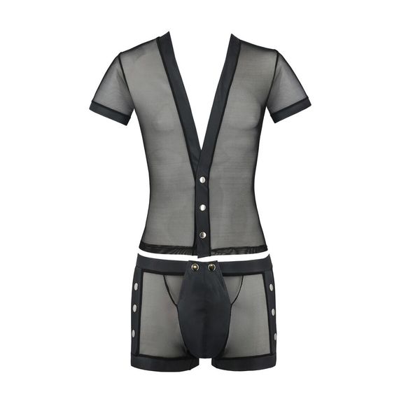 Комплект сетчатого мужского белья Passion 052 SET MICHAEL XXL/XXXL black, рубашка, боксеры, заклепки | Зображення 4