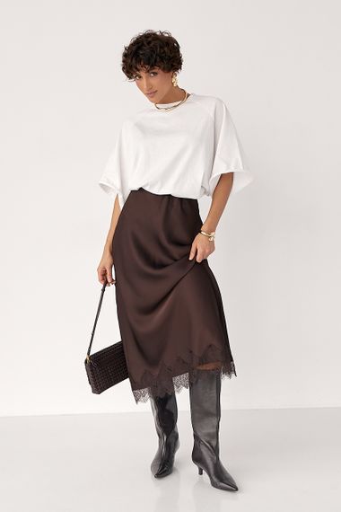 Атласна спідниця міді з мереживом - коричневий цвет, S (є розміри) | Зображення 2