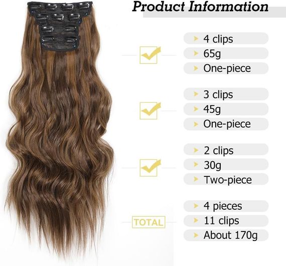 Накладные пряди на клипсах 4 шт каштановые с мелированием, трессы на заколках, волнистые волосы для объема | Зображення 1