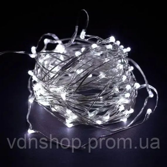 Новорічні гірлянди. Мідна дротяна лампа 100LED 10м (батарейки) Колір білий Силіконовий провід (7108) | Зображення 2