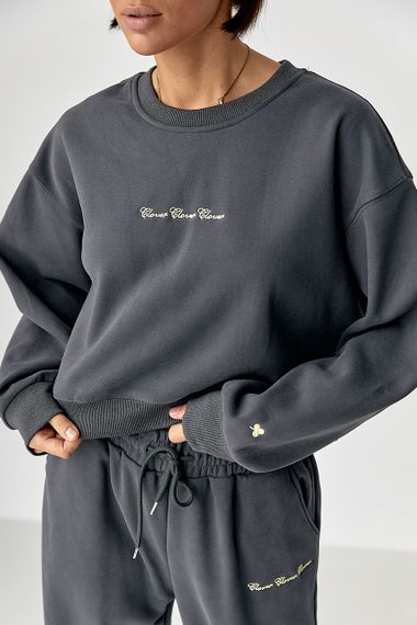 Спортивний костюм із плюшевим начісом з коротким світшотом та штанами палаццо - темно-сірий цвет, M/L (є розміри) | Зображення 3