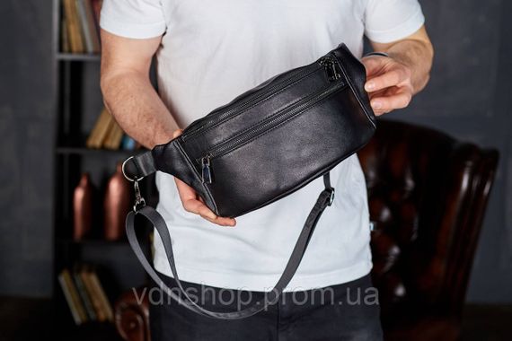 Стильна чоловіча бананка з натуральної гладкої шкіри 14х25х10, сумка нагрудна для телефону NM-50358 чорна | Зображення 7