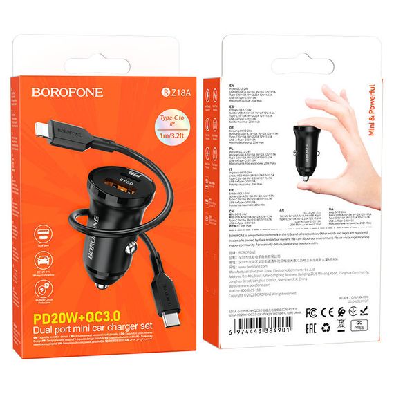 АЗП Borofone BZ18A PD20W+QC3.0 (1USB-A/1C) + кабель Type-C to Lightning Чорний | Зображення 4