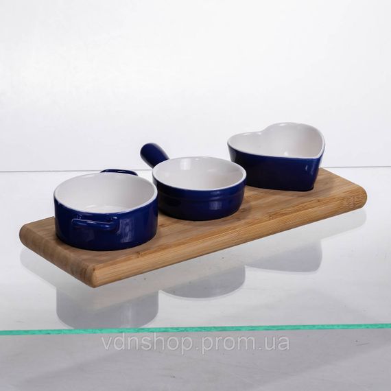 Набор менажниц фарфоровых для закусок 3 (шт) по 50 (мл) менажницы на бамбуковой подставке Синий HZ001-B | Зображення 4