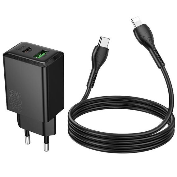 СЗУ Hoco N71 Nuevo PD30W+QC3.0 (1USB-A/1C) + кабель Type-C to Lightning Black | Зображення 4