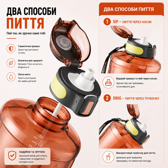 Спортивная бутылка TKK 2300 мл (2.3 л) : ударопрочный Tritan BPA-free, с ручкой и клапаном, Терракотовая | Зображення 4