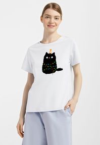 Футболка жіноча біла з принтом "Чорний кіт", XL