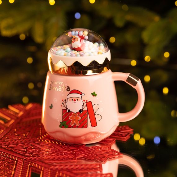 Чашка фарфоровая с крышкой Christmas 400 (мл) Розовый Yiwu FM-CS-41C | Зображення 1