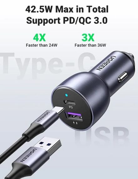 Автомобильное зарядное устройство Ugreen CD213 USB Type-C PD 3.0 + USB QC 3.0 52.5W (30+22.5) Серый | Зображення 4