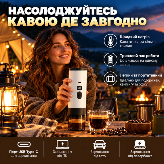 Портативна акумуляторна кавоварка 15 бар з підігрівом води 7800 мА·год для капсул і меленої кави USB Type-C біла | Зображення 5
