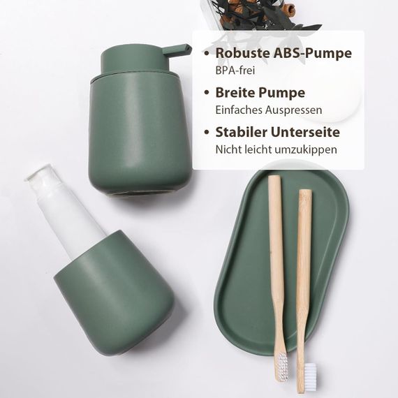 Набір аксесуарів для ванної 3 шт дозатор для мила 350 мл, стакан для щіток 320 мл, підставка для прикрас, зелений, кераміка | Зображення 2