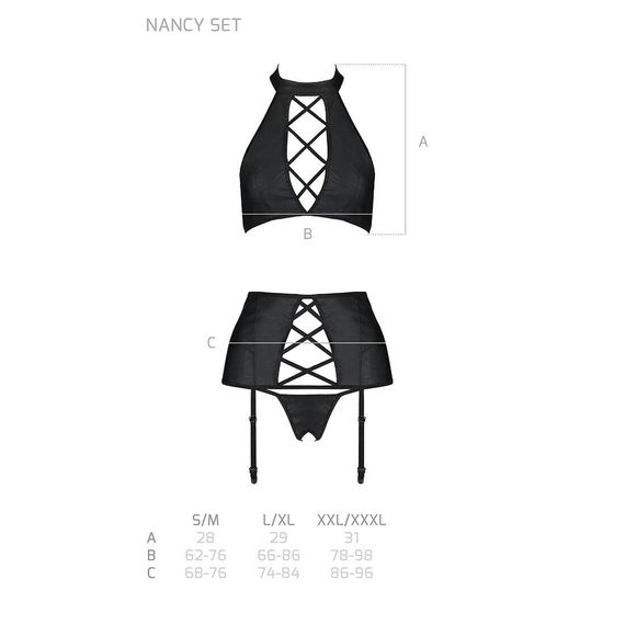 Комплект з еко-шкіри з імітацією шнурівки Nancy Set black XXL/XXXL - Passion топ, трусики та пояс дл | Зображення 4