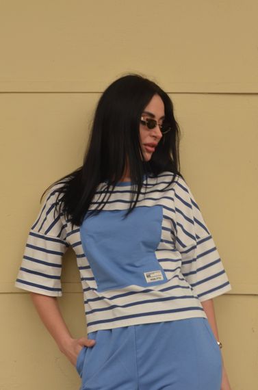 Женский летний споривный костюм штаны и футболка в полоску  GF1712 цвет синий размер 42/44 | Зображення 1