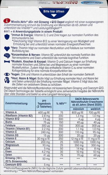 Комплекс вітамінів та мінералів "Mivolis" спеціально для людей 65+ з Женьшенем + Q10, 60 шт., Німеччина | Зображення 1
