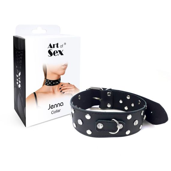 Ошейник из натуральной кожи с заклепками и стразами Art of Sex - Jenna Collar, Черный sexstyle | Зображення 2