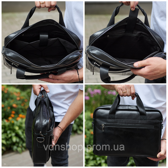 Кожаная мужская сумка-портфель 38х28х8, сумочка для работы и ежедневных дел, мужской шопер, черная | Зображення 9