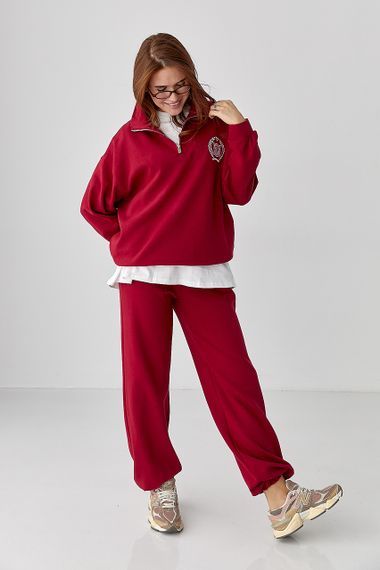 Вільний спортивний костюм зі світшотом на блискавці та прямими штанами - темно-червоний цвет, ONE SIZE (є розміри) | Зображення 4
