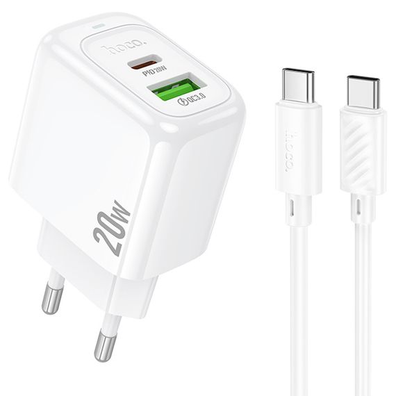 МЗП Hoco CS54A Surplus PD20W+QC3.0 (1USB-A/1C) + кабель Type-C to Type-C White
